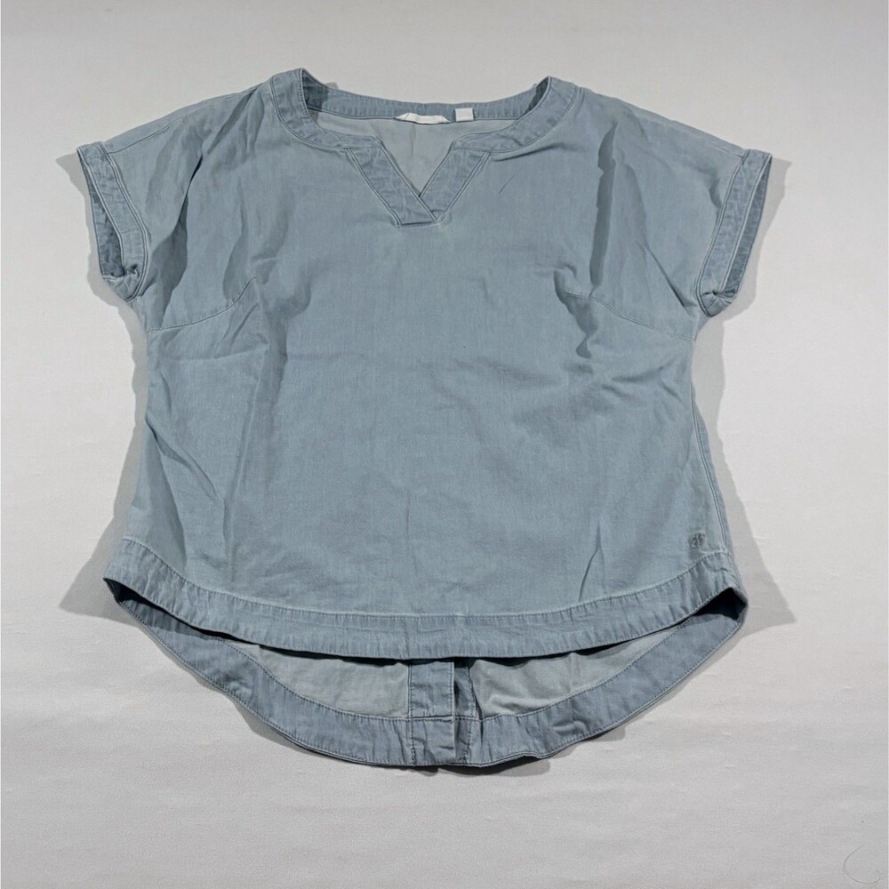 Betabrand Womens Blue Chambray Cap Sleeve V Neck Top Blouse Cotton Casual Sz XS